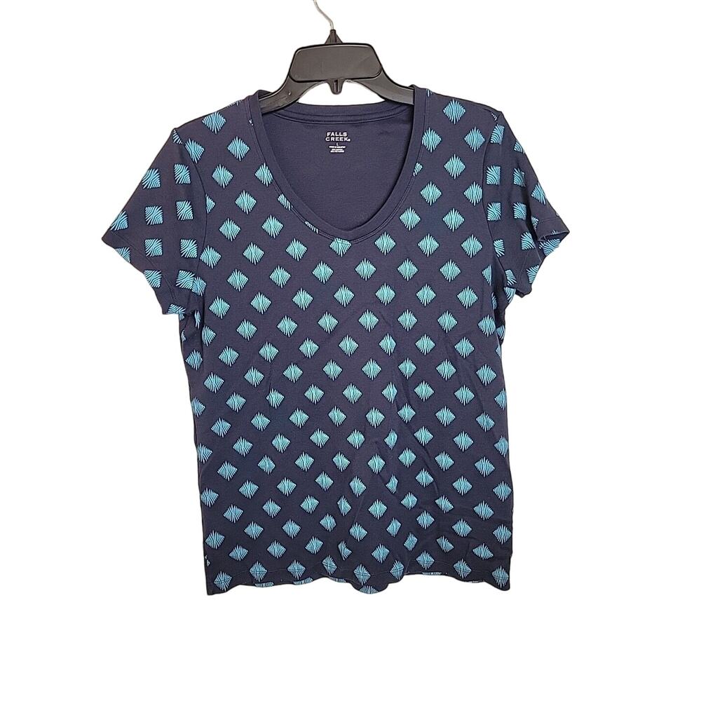 Falls Creek Blue Argyle Print Scoop Neck‎ Short Sleeve Top Women's Size Large